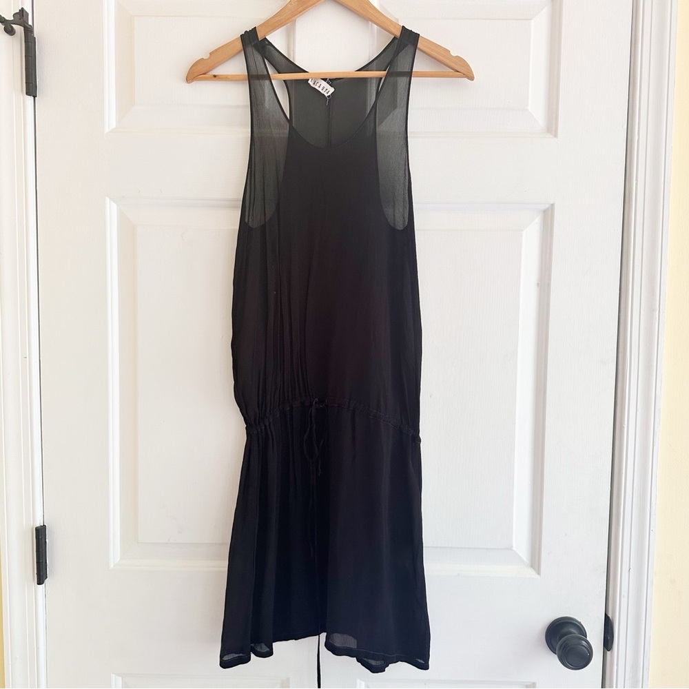 La Causa Sheer Slip Midi Dress Black Drawstring Waist Size Small Grunge Boho